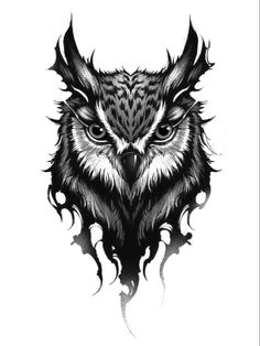 an owl's head with black and white ink