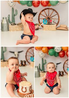 In this lively cake smash session, a little cowboy celebrates his first rodeo surrounded by charming Western-themed props. The scene features cactus decorations, hay stacks, and vibrant balloon garlands in green, brown, and white. A playful cow pattern, vintage wagon wheel, and cowboy hats add rustic charm. The atmosphere brims with joy and country flair, capturing the excitement of this special milestone. Rodeo Cake Smash Photo, My First Rodeo Birthday Boy Smash Cake, Western Cake Smash, Cowboy Smash Cake Boys, Rodeo Cake Smash, My First Rodeo Smash Cake Session, First Rodeo Photoshoot