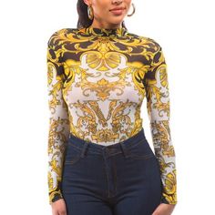 Brand New Available In S Trendy Fitted Gold Top, Trendy Gold Fitted Top, Gold Stretch Bodysuit For Summer, Fitted Printed Yellow Bodysuit, Fitted Yellow Printed Bodysuit, Yellow Spring Party Bodysuit, Chic Yellow Fitted Bodysuit, Fitted Yellow Bodysuit For Spring, Chic Yellow Bodysuit For Spring