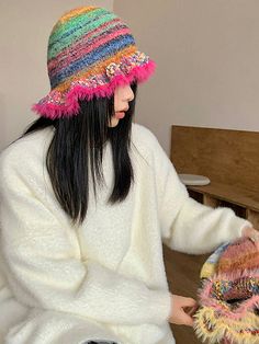 Introducing Boho Chic: Vintage Rainbow Stripe Woolen Hat with Ruffle Edge. Made with 100% wool, this hat features a vibrant rainbow stripe design and delicate ruffle edge for a unique and stylish look. Stay warm and on-trend this season with this must-have accessory. Color : Hot Pink Details : Fuzzy Material : Polyester Composition : 100% Polyester Crown 55-58 Cool Bucket Hats, Edge Fashion, Woolen Hat, Vintage Bucket, Crochet Ruffle, Retro Rainbow, Vintage Rainbow, Chic Vintage, Knitted Hat