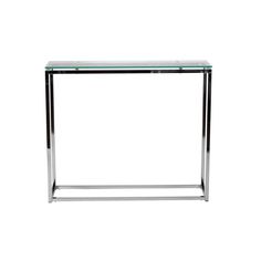 a glass and chrome console table on a white background