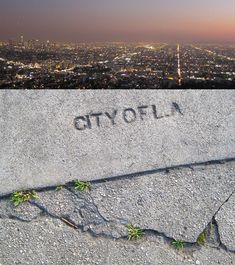 an aerial view of the city of los angeles and its name written on it in cement