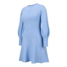 Light Blue Knit Slim Fit Long Sleeve Sweater Dress Elegant Blue Ribbed Sweater, Light Blue Knee-length Winter Dress, Winter Light Blue Stretch Dresses, Light Blue Mini Dress For Winter, Blue Solid Color Winter Dress, Light Blue Mini Length Winter Dress, Chic Blue Long Sleeve Sweater Dress, Light Blue Midi Dress For Winter, Blue Knitted Sweater Dress