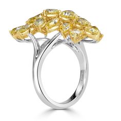 This incredible fancy yellow diamond cluster ring is elegant and elongates the finger when worn. This design showcases a gorgeous mix of fancy shaped diamonds totaling 5.59ct. The summery colors of the fancy yellow diamonds pop brightly against the high polished 18k white hold ring setting. This stunner is the perfect addition to her evening cocktail dress! Luxury Modern Yellow Rings, Luxury Marquise Cluster Ring In Yellow Gold, Luxury Yellow Cluster Wedding Ring, Luxury Yellow Cluster Ring For Wedding, Luxury Yellow Cluster Ring For Anniversary, Luxury Unique Yellow Gold Cluster Ring, Modern Luxury Yellow Gold Cluster Ring, Luxury Marquise Yellow Gold Cluster Ring, Fancy Yellow Diamond Ring Marquise