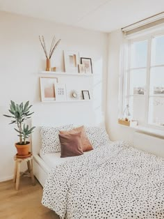 a bedroom with a bed, potted plant and shelves on the wall above it