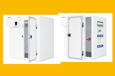 two white lockers with the doors open and arrows pointing in different directions to each other