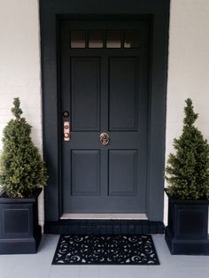 a black front door with two planters on either side