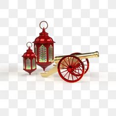 an old fashioned red carriage with two lanterns on it's wheels, which are attached to