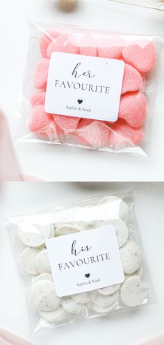 two bags filled with pink and white candies next to each other on top of a table