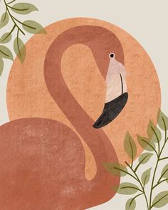 an illustration of a pink flamingo with green leaves around it's neck and back