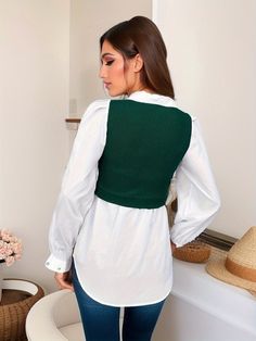 Mtvrmall 2 In 1 Colorblock Collared T-Shirt, Casual Long Lantern Sleev White Patchwork Tops For Layering, Green Patchwork Tops For Workwear, Green Patchwork Tops For Work, Green Tops With Contrast Color For Fall, Green Contrast Color Tops For Fall, White Spliced V-neck Tops, White Tops With Splicing For Workwear, White Spliced Top For Workwear, White Spliced Top For Work