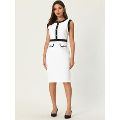 This dress can be a perfect addition to almost any outfit from formal to daily wear, great for work, meeting, office, businesses, work, party, cocktail, wedding, casual, daily dressing, etc. Pair with delicate necklace and heels for a chic office look. Comfortable and classic, this sheath dress is perfect on its own or as a layer under a blazer or jacket. Elegant Summer Career Dresses, Sleeveless Career Dress For Spring, Bodycon Sleeveless Dress For Spring Workwear, Spring Career Dress, Sleeveless, White Sleeveless Knee-length Dress For Work, Spring Bodycon Sleeveless Dress For Work, White Knee-length Sleeveless Dress For Work, Elegant Sleeveless Career Dress, Bodycon Sleeveless Workwear Dress