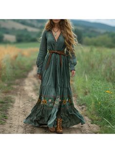 Women Elegant Dresses, Bohemian Pastoral Style Retro Women's Long-sleeved Dress Fall Hippie V-neck Maxi Dress, Spring Bohemian Green V-neck Dress, Hippie Floor-length Boho Print Dress, Green V-neck Hippie Maxi Dress, Bohemian Brown V-neck Boho Dress, Maxi Long Dress, Vestidos Retro, Boho Chic Dress, Sleeved Dress