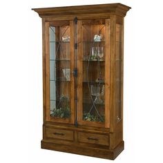 a wooden display cabinet with glass doors