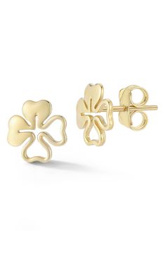 Stud earrings in the shape of a clover are made from gleaming 14-karat gold with a polished finish. 1/4"W x 1/4"L Post back 14k gold Made in Turkey L Post, 18k Gold Earrings, Clover Earrings, The Shape, Gold Studs, Gold Jewellery, Gemstone Earrings, Nordstrom Rack, Gold Earrings