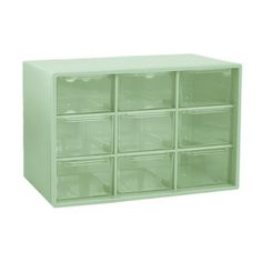 a green plastic storage cabinet with twelve drawers