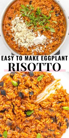 an easy to make eggplant risotto recipe is shown in two different pans