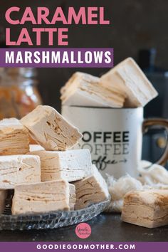 caramel latte marshmallows on a plate next to a coffee mug