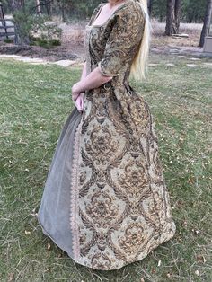 This renaissance dress is styled after 16th Century French/European ladies of the court. Sleeves are optional but add an extra cost of $20. The matching, attachable purse can be found separately in my shop and does not come with the dress. The dress does have four straps sewn into the waist that allow for items to be clipped onto it for convenience, though the dress can be made without them if you specify that you do not want them. You will need to buy a hoop skirt to achieve the fullness from the pictures, though it can be worn without one for a more straight-skirt look. This dress can be heavily customized, just ask and I will try to accommodate the look you want as best as I can.  It takes me a couple of weeks to get fabric in and about 3 or 4 weeks to finish a dress once started. Pleas Victorian Brocade Dress With Historical Design, Elegant Victorian Brocade Dress For Costume, Elegant Brocade Victorian Dress For Costume, Historical Baroque Style Dress, Elegant Baroque Medieval Dress For Fancy Dress, Elegant Fitted Victorian Dress In Baroque Style, Victorian Medieval Dress Ball Gown For Fancy Dress, Victorian Medieval Ball Gown For Fancy Dress, Regency Style Medieval Ball Gown