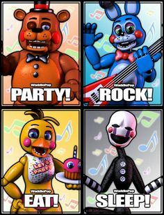 five different cartoon characters with the words party rock and eat sleep