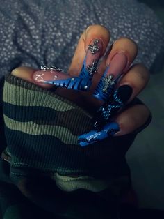 y2k, glamour, blue Blue Nails Inspo Aesthetic, Dark Blue Y2k, Winter Y2k Nails, Y2k Nails Square, Blue Cheetah Nails, Square Acrylic Nails Winter, Blue Airbrush Nails, Long Blue Nails, Long Blue Acrylic Nails