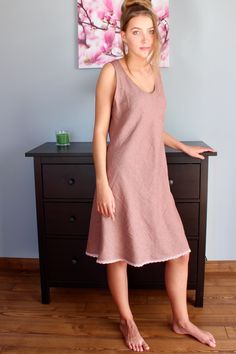 "Nightgown GRETA. Absolutely lovely, luxurious nightdress from pure softened linen fabric. Bias cut for a flattering, body sweeping sleeveless fit with a round neckline, knee-length for ease of movement, a bottom of the nightgown is finished with laces. Providing cool comfort for hot summer nights and warmth for cold winters, you can get all the comfort and ease you need while sleeping.Since this night dress is easy wash and dry, it's highly recommendable for daily use. Length from shoulder seem Sleeveless Spring Dress For Relaxation, Sleeveless Spring Dress For Casual Wear, Cotton Sleeveless Relaxation Dresses, Cotton Sleeveless Dress For Relaxation, Sleeveless Cotton Dresses For Relaxation, Linen Sleeveless Dress For Loungewear, Linen Sleeveless Loungewear Dress, Sleeveless Linen Dress For Loungewear, Sleeveless Linen Loungewear Dress