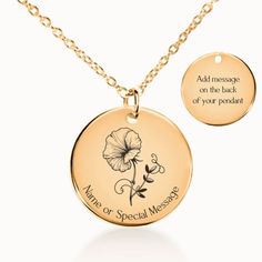 Celebrate a April birthday or create a meaningful gift with our Sweet Pea Birth Flower Pendant Necklace. Crafted with care in the United States, this made-to-order necklace allows you to personalize the pendant with a name, date, or special message, turning it into a timeless keepsake. Each pendant features a laser-etched aster flower design, symbolizing growth, resilience, and connection to nature. Available in gold, rose gold, or silver stainless steel, this hypoallergenic necklace is made to Anniversary Flower Charm Necklace With Round Pendant, Personalized Gold Flower Necklace With Round Pendant, Birth Flower Necklace For Personalized Gift, Personalized Flower Pendant Charm Necklaces, Personalized Flower Charm Necklace For Birthday, Personalized Flower Charm Necklace For Birthday Gift, Engraved Flower Pendant Necklace For Anniversary, Customized Gold Flower Necklace, Personalized Flower Pendant Necklace For Birthday