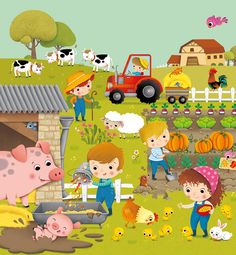 the children are playing in the farm with animals