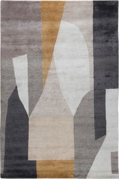 an abstract rug with grey, yellow and white colors on the bottom half of it