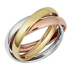 three different colored gold and silver rings