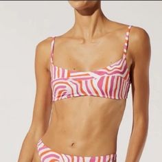 Designed The Elsa Top In Abstract Zebra. This Flattering Silhouette Is All You Need To Make Every Day Feel A Little Sunnier. New With Tag Pink Seamless Swimwear For Beach Season, Pink Printed Swimwear For Beachwear, Seamless Pink Beachwear Swimwear, Pink Seamless Beachwear Swimwear, Pink Printed Beachwear Swimwear, Pink Seamless Beachy Swimwear, Pink Printed Triangle Top Swimwear, Pink Triangle Top Printed Swimwear, Pink 4-way Stretch Sporty Swimwear