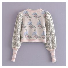 Vintage jacquard sweater womanly open navel bubble sleeve sweater 7296 – girlhomeshops Jacquard Sweater Woman, Flower Sweater, Cropped Pullover, Jacquard Sweater, Sweater Material, Loose Tops, Sleeves (women), Sweater Sleeves, Sweater And Shorts