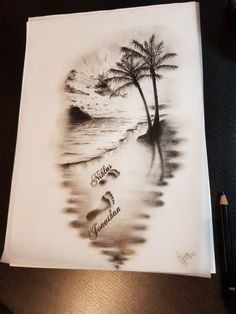 a drawing of two palm trees on the beach