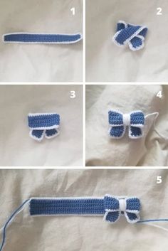 instructions to crochet a blue and white bow headband for a baby girl