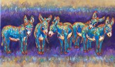 an acrylic painting of four donkeys standing side by side on a purple background