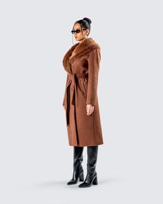 She’s chic or whateva 😚 Made from wool with a faux fur collar, this sophisticated yet sassy brown coat will instantly elevate any look you pair it with 🤎 Brown Faux Fur Trim Coat For Fall, Classic Brown Fur Coat With Faux Fur Trim, Brown Long Sleeve Outerwear With Faux Fur Trim, Coats 2024, Brown Fur Trim Coat, Faux Fur Trim Coat, Fur Trim Coat, Cowl Neck Sweater Dress, Brown Luxury Long-sleeve Fur Coat