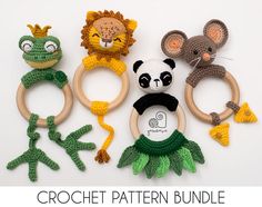 the crochet pattern bundle includes four different animals and two rings with faces on them