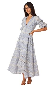 Petal & Pup Tani Eyelet Puff Sleeve Cotton Blend Maxi Dress | Nordstrom Embroidery Anglaise, Cotton Blends Dress, Design Embroidery, Dress Dusty, Invisible Zip, Blue Midi Dress, Midi Length Dress, Skirt Design, Lace Back