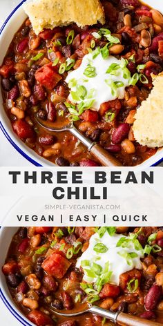 three bean chili in a white bowl with a spoon