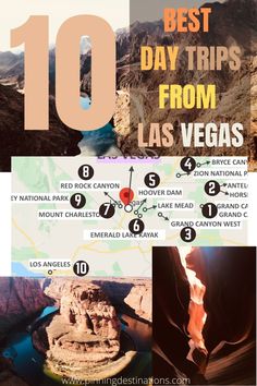 There are so many places to visit as day trip from Las Vegas including the fabulous and everyone's bucket list destination GRAND CANYON. List of 10 Best Natural Excursions from Las Vegas/ Grand Canyon Tours/ Antelope Canyon & Horseshoe Bend/ Mount Charleston/ Red Rock Canyon/ Emerald Cave etc Las Vegas Grand Canyon Trip, Las Vegas Hoover Dam Grand Canyon, Emerald Cave Las Vegas, Las Vegas Bucket List, Las Vegas Ferris Wheel, Vegas Hiking, Las Vegas Road Trip, Grand Canyon Las Vegas, Las Vegas Family Vacation