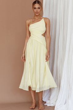 Destination Open Back Midi Dress Lemon by Selfie Leslie Solid Backless Maxi Dress For Brunch, Chic Backless Midi Dress For Vacation, Chic Midi-length Backless Dress For Vacation, Summer One-shoulder Midi Dress For Brunch, Summer Brunch One-shoulder Midi Dress, Chic Yellow Backless Maxi Dress, Solid Midi Sundress For Brunch, Summer Linen Midi Dress For Brunch, Backless Sundress Midi Dress For Day Out