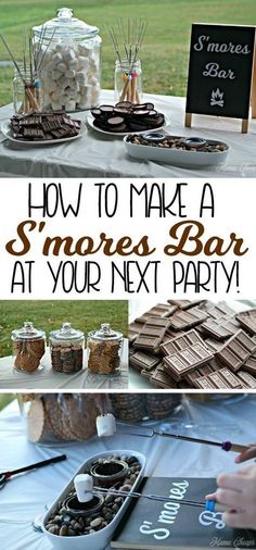 an outdoor bar with chocolate bars and marshmallows on the table, and text overlay how to make a smores bar at your next party