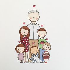 an image of a family portrait with hearts on the back and one man standing between two children