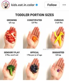 four different types of food in the palm of someone's hand, labeled with their portion sizes