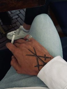 3 swords tattoo 3 Swords Tattoo, Three Swords Tattoo Design, Three Swords Tattoo, Crossed Swords Tattoo, Left Hand Tattoo, Swords Tattoo, Boys Tattoo, Random Tattoos, Hand Tattoo Designs