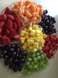 an assortment of fruits arranged in a circle on a plate with grapes, strawberries, and oranges