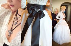 a woman wearing a wedding dress with a black ribbon around her waist and an image of the bride