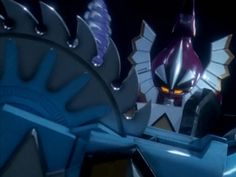 an animated character is standing in front of a large object with spikes on it's head