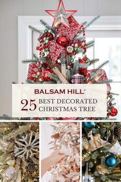 christmas tree decorated with red, white and green ornaments is featured in this collage