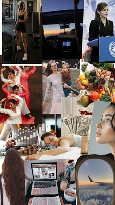 a collage of photos with women and men in the background